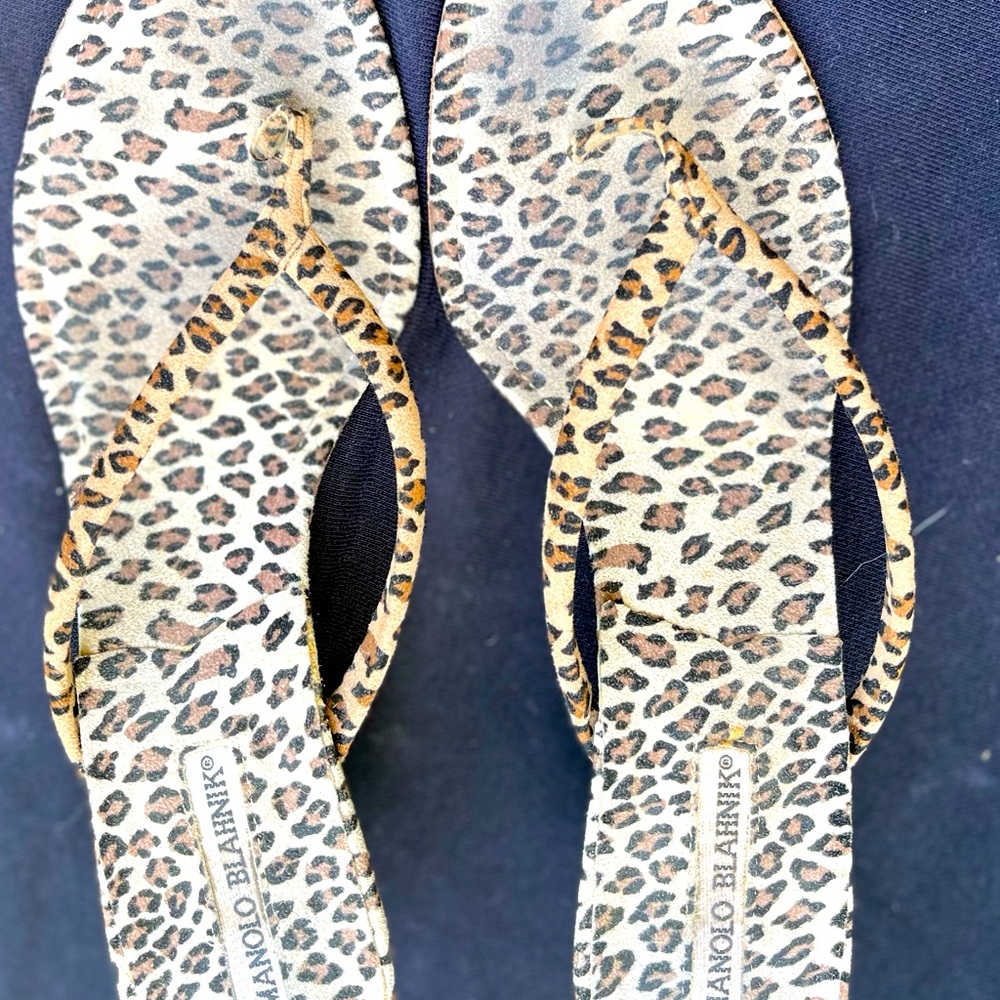 Manolo Blahnik leopard suede thong kitten heel sandals.